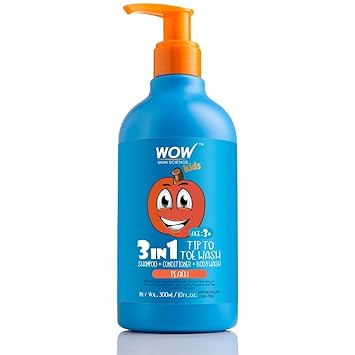 WOW Kids Tip to Toe Wash - Shampoo - Conditioner - Body Wash - No Parabens, Sulphate, Silicones, Mineral Oil or Color - Peach, 300 ml
