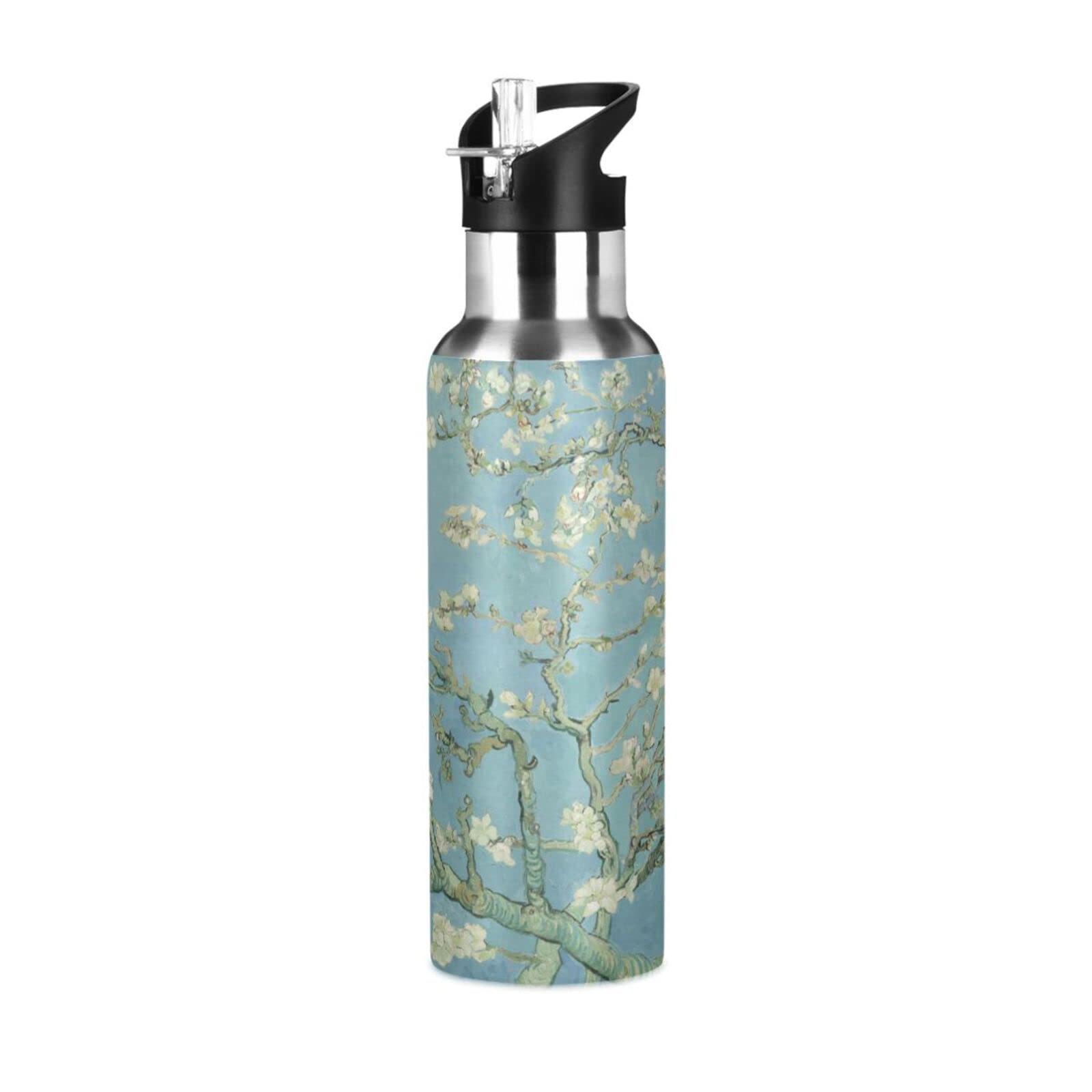 Mnsruu 34 Oz Water Bottle with Straw Van Gogh Almond Flower Tree Stainless Steel Water Bottle for Traveling Sports Leakproof Insulated Water Bottle