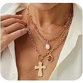 Layered Gold Pearls Cross Pendant Necklace for Women,Vintage Crystal Beaded Cross Chain Stacked Necklace,Statement Birthday Jewelry Accessories Gifts