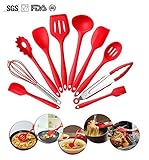 Set Of 10 Pieces Silicone Kitchen Cooking Utensils With Hygienic Solid Coating,Heat Resistant Baking Spoonula,Brush,Whisk,Large And Small Spatula,Ladle,Slotted Turner And Spoon,Tongs,Pasta Fork Red