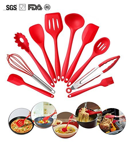 Set Of 10 Pieces Silicone Kitchen Cooking Utensils With Hygienic Solid Coating,Heat Resistant Baking Spoonula,Brush,Whisk,Large And Small Spatula,Ladle,Slotted Turner And Spoon,Tongs,Pasta Fork Red