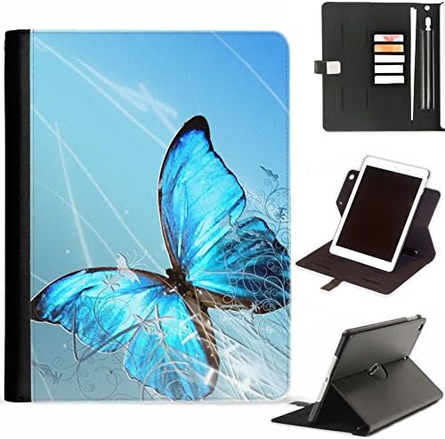 Hairyworm - Blue Butterfly Apple iPad Mini 2, iPad Mini 3 leather side flip wallet 360 swivel case, folio cover with Apple pencil / pen holder, card slots, paper slot, metal buckle, stand points
