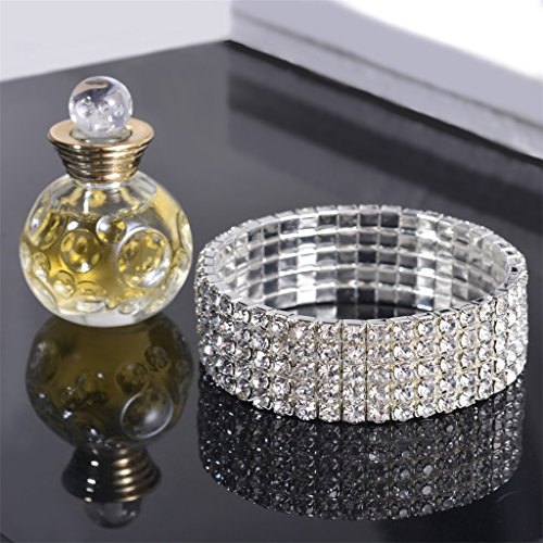 JEWMAY Yumei Jewelry 5 Strand Rhinestone Stretch Bracelet Silver-Tone Sparkling Bridal Tennis Bangle