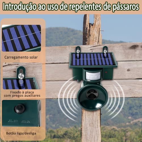 Repelente Ultrassônico Solar, Espanta Pombo e Insetos, Funcionamento por Energia Solar