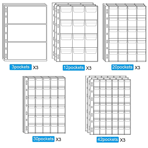 15 Sheets Plastic Coin Pocket Pages 5 Sizes Standard 9Hole Coin Money