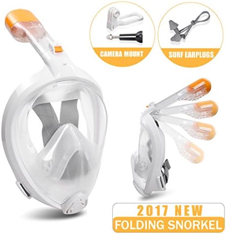 Full Face Snorkel Mask 180° Easy Breathing Diving Mask Anti fog Anti Leak Snorkeling Underwater with GoPro Camera Mount for Adult &amp; Youth (White&amp;Orange, S/M)