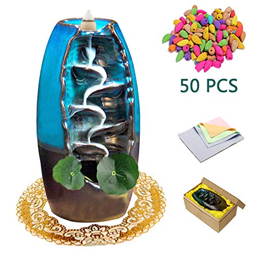 XinXu Incense Burner, Backflow Waterfall Incense Burner, Home Decor Aromatherapy Ornament Incense Cones,Cushion, Artificial Lotus Leaf