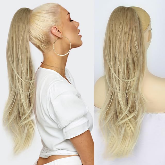 PORSMEER Ponytail Extension,Drawstring Ponytail Hair Extensions Brown to Blonde Colour 26 Inch Long Natural Straight Wavy End Synthetic Hairpiece for Women Girls Daily Use — image 1