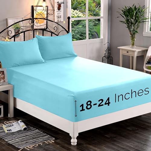 Elegant Comfort 1500 Premium Quality Fitted Sheet Ultra Soft 18-24 Inch Extra Deep Pocket - Single Fitted Sheet for High Mattress - Wrinkle Free with Smart Storage Pockets, King, Aqua Blue