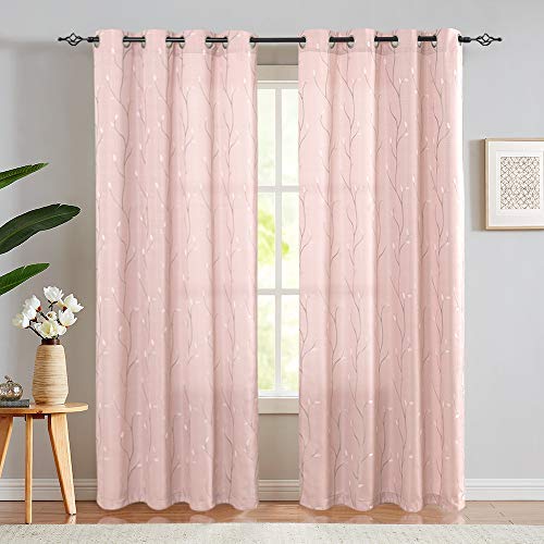 Topick Pink Semi Sheer Curtains Set for Living Room Leaf Embroidered