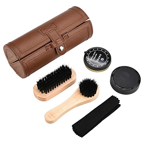 Shoe Care Kit, Brush Cleaner 8-Piece Travel Shoe Shine Brush Kit with Case Shoe Horn, Polish, Brushes, Sponge Cloth (Black)
