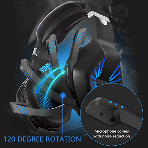 RegeMoudal Gaming Headset for Xbox One, PS4, PC, Noise Cancelling Over Ear Headphones Mic, Blue LED Light, Subwoofer Surround, Soft Memory Earmuffs for PC Laptop Tablet and Smart Phone - Thumbnail 4