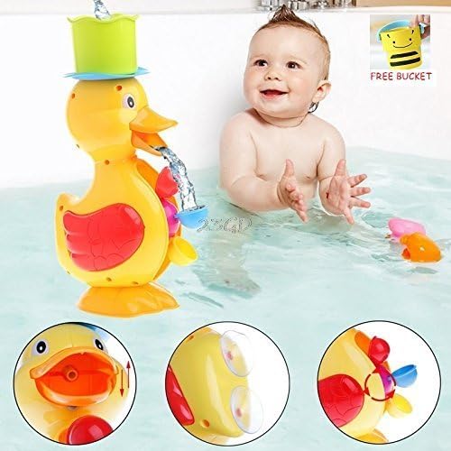 CLEARANCE!!! Elite Enfant Large Yellow Duck Spinning Water Wheel Learning Bath Toy for Baby/Toddler/Kids All Ages - Free Bonus Gift : 1 Pour Bucket Rinse Cup