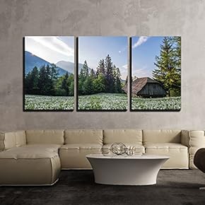 3 Piece Canvas Wall Art - Wood Hut with Flowers Surrounded with Beautiful Nature Scenery - Modern Home Art Stretched and Framed Ready to Hang - 16"x24"x3 Panels
