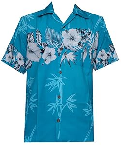 Image of Hawaiian Shirt 35 Mens Bamboo Tree Print Beach Aloha Party Holiday Turquoise XL