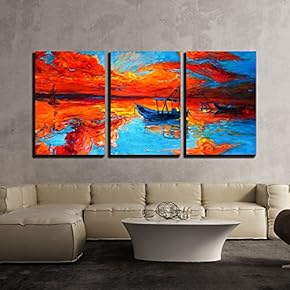 Original Oil Painting of Fishing Boats and Sea x3 Panels