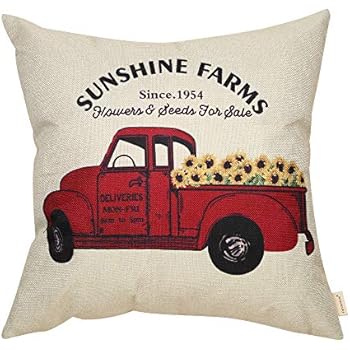 Fahrendom Sunshine Farms Sunflower Vintage Red Truck Rustic Farmhouse Decor Spring Summer Sign Decoration Cotton Linen Home Decorative Throw Pillow Case Cushion Cover for Sofa Couch, 18 x 18 in