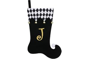TWSANTAMAS Personalized Elf Christmas Stocking - 19 Inch Black Velvet with Gold Monogram, Checkered Cuff & Bells, Fireplace Decor J