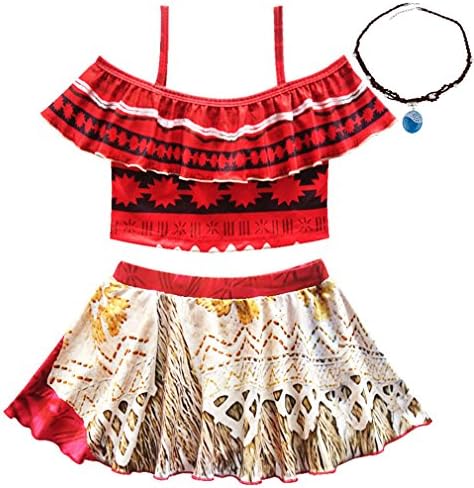 SZAMZ Girls Moana Swimsuit Two Pieces Adventure Bathing Suit with Necklace (Red,130/8-9Y)