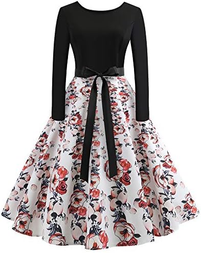 Hot Daoroka Vintage Long Sleeve Cocktail Party Gown Dress Sashes Floral Print Retro Cute A Line Pleated Prom Sundress