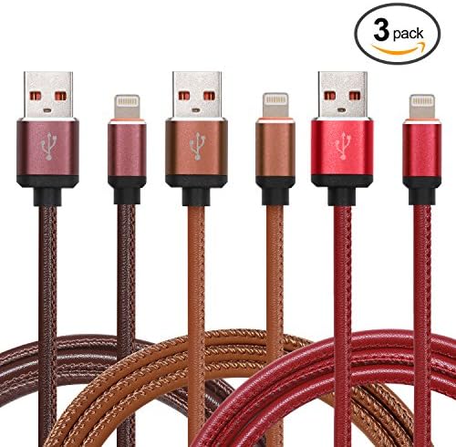 iPhone Charger Cord, 3 Pack 3.3Ft PU Leather Charging Cable iPhone Lightning to USB Cable For iPhone 8 8 Plus 7 7 Plus 6 6s 6 plus 6s plus 5 5s 5c ,iPad, iPod &amp; More (3 Color Pack)