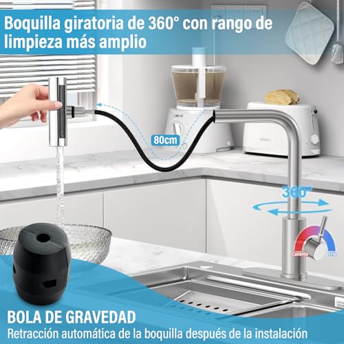 GALASALA Llaves para Fregadero de Cocina De Acero Inoxidable, Mezcladora para Fregadero Extraible, Grifo de Cocina Con 2 Mangueras Fría y Caliente, Monomando para Fregadero Con Rociador de 4 Modos