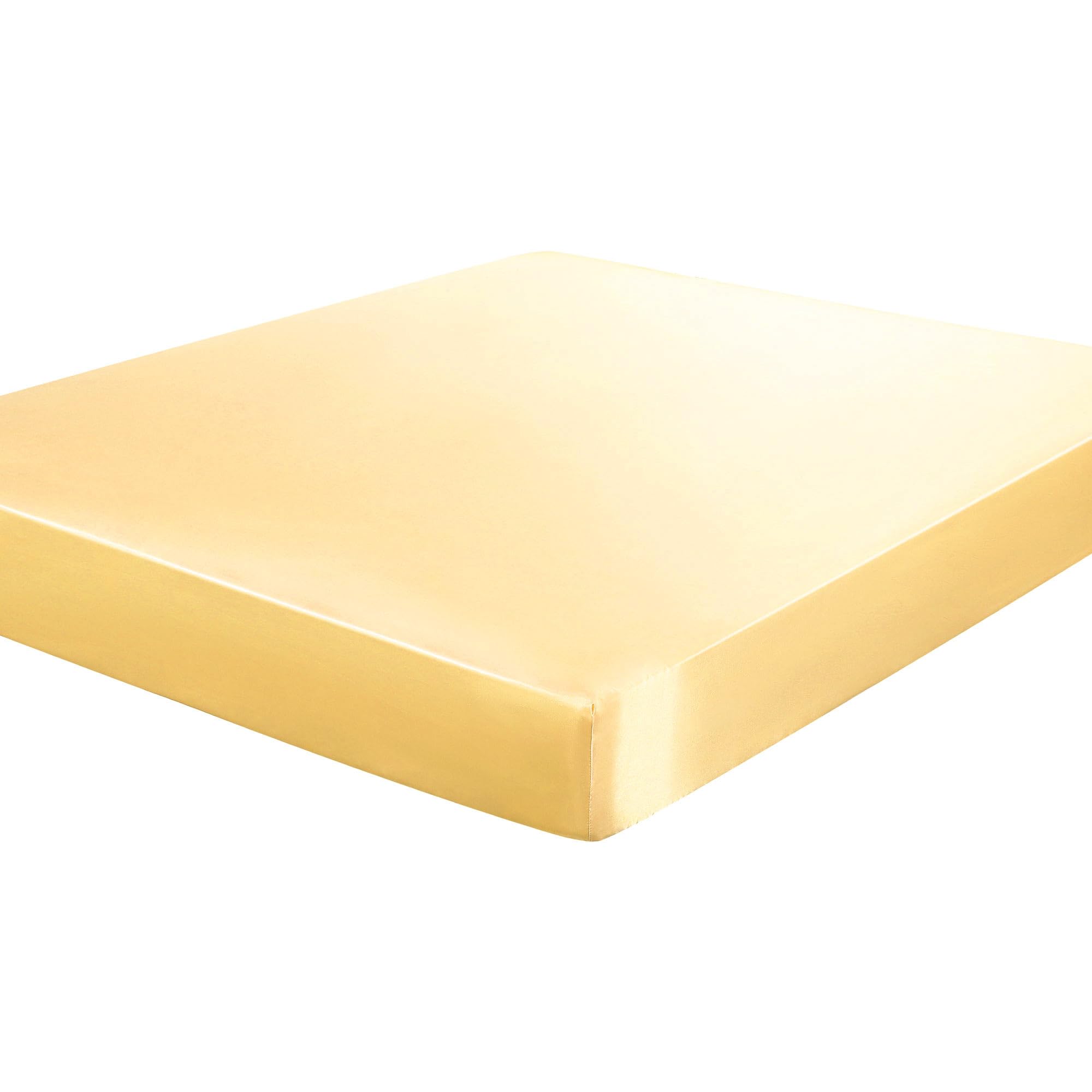 sourcing map Satin Fitted Sheet, Solid Silky 12" Deep Pocket Bed Sheet, Soft and Breathable Satin Bed Fitted Sheet Gloden Tone Double (138 x 190cm)