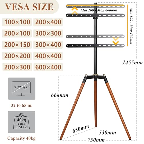 Fydeamer Floor TV Stand for 32-65 inches Screen, Height Adjustable Studio Tripod Easel TV Display Stand with 140° Swivel for Bedroom, Living Room, Corner TV Stand, Black