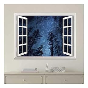 Modern White Window Looking Out Into The Bright Blue Starry Sky - Wall Mural, Removable Sticker, Home Decor - 24x32 inches