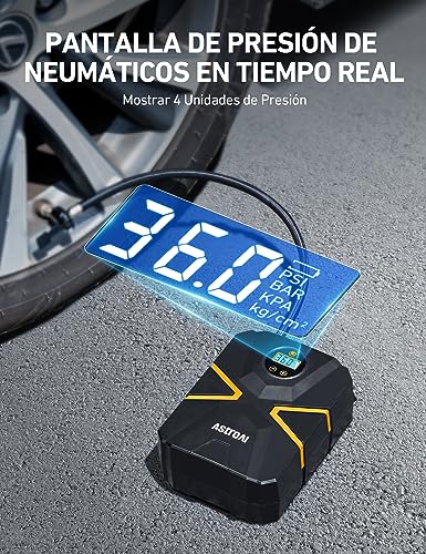 AstroAI Compresor para neumáticos de coche, bomba de aire de 10,3 bar, 12 V CC, con pantalla LCD en tiempo real, presión de los neumáticos preestablecida, desconexión automática, compresor de aire