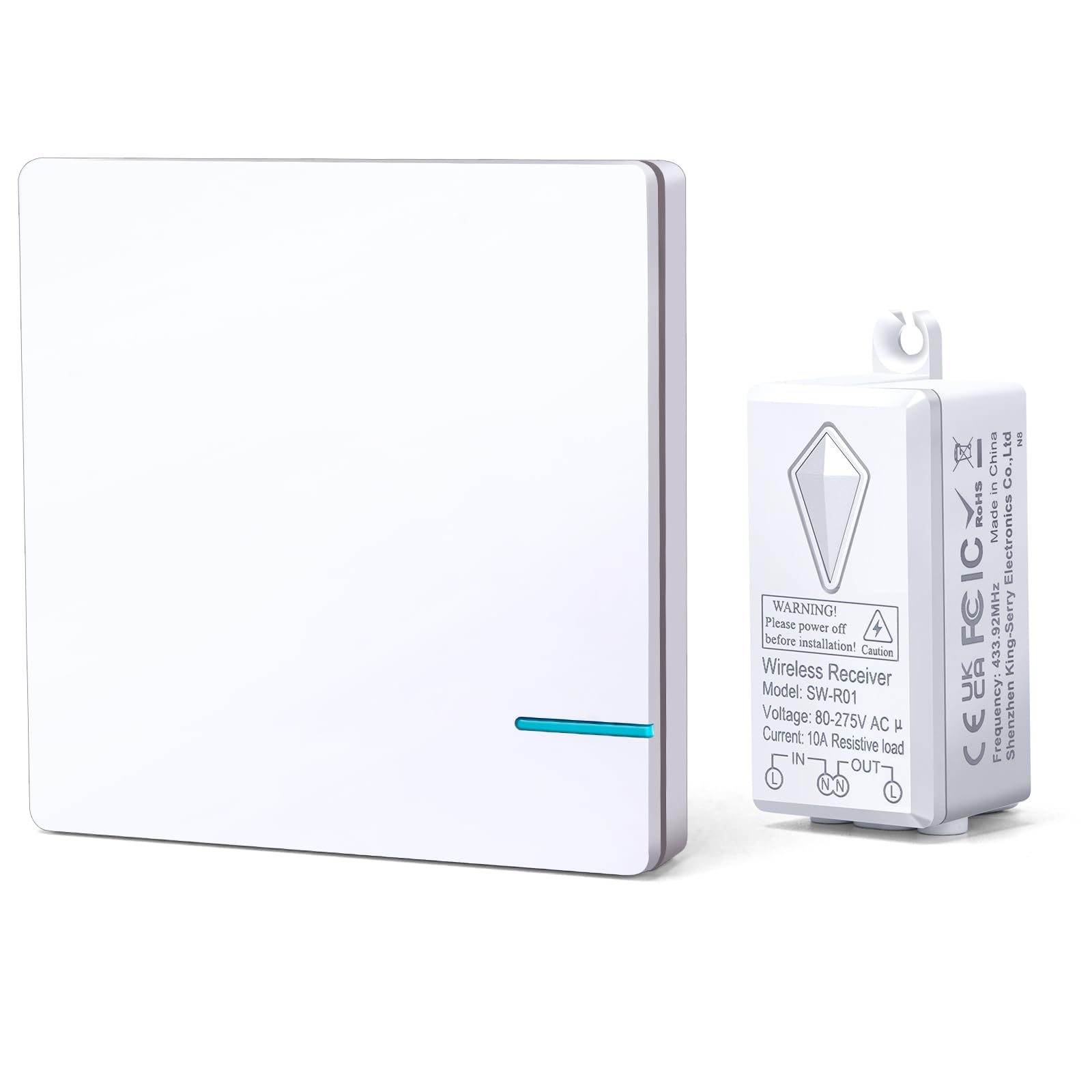 HoneTeek Wireless Light Switch Kit, Kinetic Switch and Receiver up to 200m, No WIFI & Wiring Needed, Expandable Remote Control, Wall Switches Fixture for Lamp, Ceiling Light