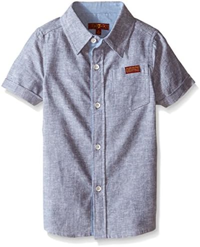 7 For All Mankind Boys' Short Sleeve Linen Blend Button Down Poplin Shirt With Chambray Trim, Indigo, 6