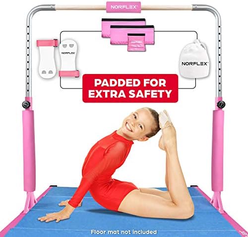 NORFLEX Adjustable Gymnastics Bar for Kids Gym Bar Set - Gymnastics Home Gym for Fitness Exercise | Expandable Heavy Duty Athletic Bar Gym Equipment | Set Includes Bar, Pads, Chalk Ball, Hand Wraps