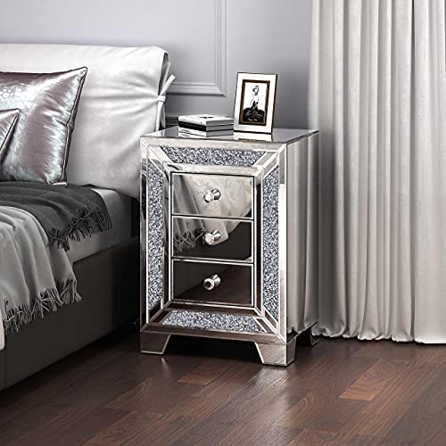 Mirrored Night Stand with 3 Drawers, Sparkly Crushed Crystal Beside