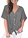 MIHOLL Womens Loose Blouse Short Sleeve V Neck Button Down T Shirts Tie Front Knot Casual Tops (Large, P- Dark Grey)