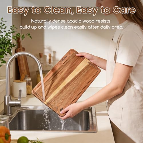Acacia Wood Cutting Board Set of 2 for Kitchen – Natural Wooden Cutting Boards with Deep Juice Groove, Food Safe Hardwood, Large & Small Sizes (38x25cm & 30x20cm)