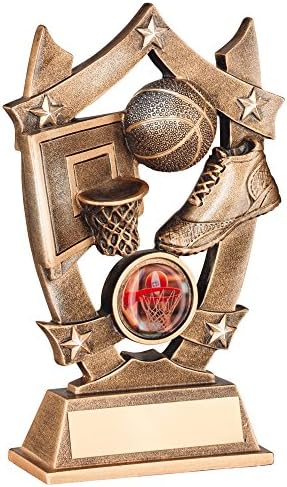 Basketball Trophy - Net, Ball and Trainers in Shield Design - Bronze & Gold colour resin