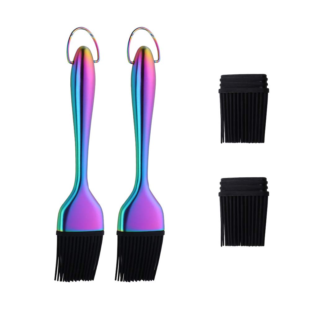 2 Pack Basting Brush with 2 Pack Back Up Silicone Brush Heads, No Shed Bristles Stainless Steel Handles Heatproof Rust Resistant, Pastry Brushes for Kitchen Cooking BBQ, Dishwasher Safe Rainbow