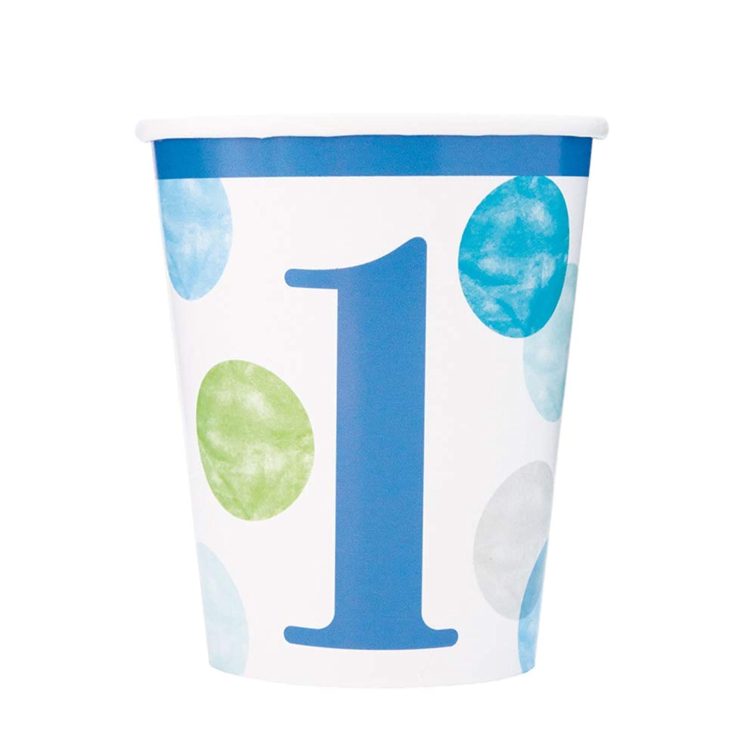 Unique Party 73306-9oz Blue Dots 1st Birthday Paper Cups, Pack of 8