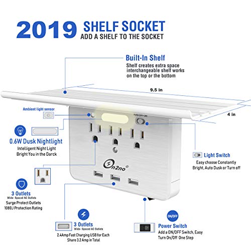 2020 Shelf Socket - ON2NO Wall Outlet Shelf, Extra-Large Shelf with 3 Electrical Outlet, 3 USB Ports and Smart Night Light, Cable Holder and Headphone Hanger
