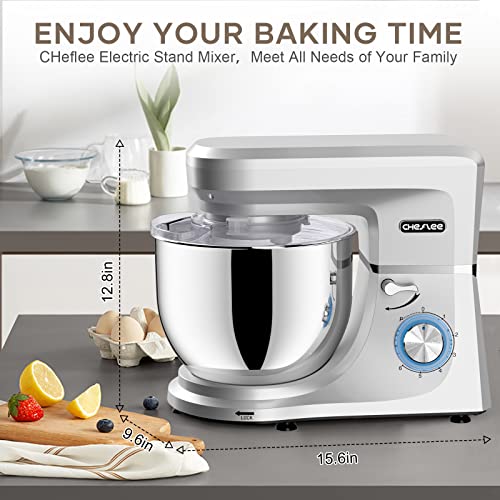 CHeflee Stand Mixer, 7.5 Quart Electric Mixer 6+P Speed 660W Tilt-Head Kitchen Food Mixers with Dough Hook, Mixing Beater, Whisk, & Splash Guard for Baking, Cake, Cookie, Kneading, Silver