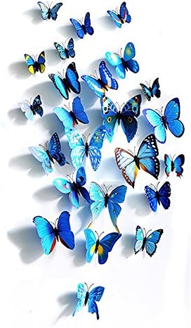 Nice Moment 3D Butterfly Pin Fridge Magnet Wall Sticker Curtain Wedding Dress Home Decor Decoration Window Display 11 Colors (Magnet & Stickers, Blue)