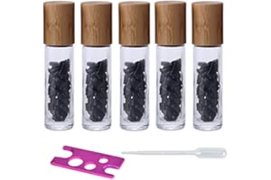 USROMMANER 5 Pack 10ml Clear Roll On Bottles With Natural Chakra Crystal Chips for Essential Oils,Perfume Glass Roller Bottles Container Bamboo Lid,Crystal Roller,Pipette&Opener Included (Black Obsidian)