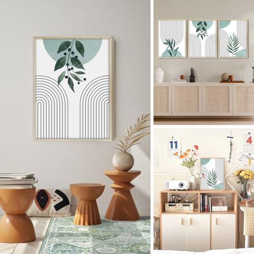 hyidecorart Wooden Frame Boho Sage Green Pictures Decoration Living Room Modern, 3 Pieces Abstract Lines Nordic Simplicity Plant Leaves Bedroom Kitchen Dining Room Office and Bathroom