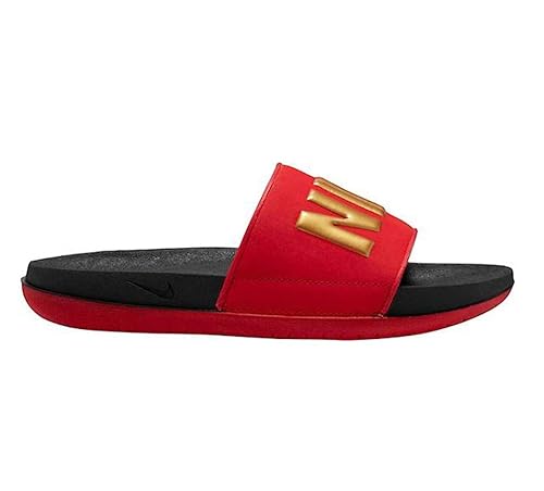 maroon nike slides with gold nike sign