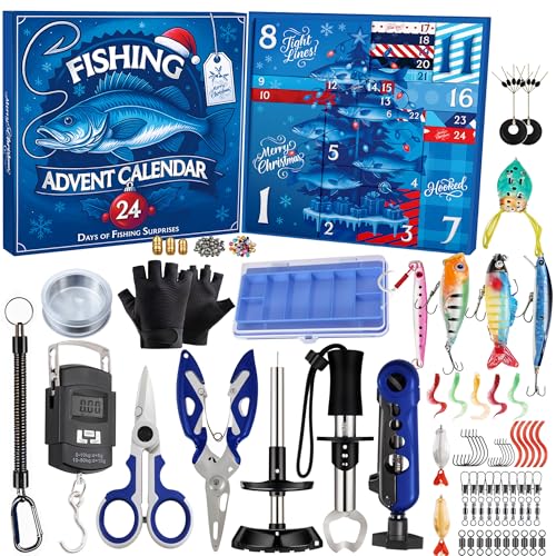 Angel Adventskalender 2025 für Männer und Teenager, 24 Tage Weihnachtskalender mit Angelzange, Hakenlöser, Tackle-Box & Lures Weihnachtskalender 2025 Erwachsene