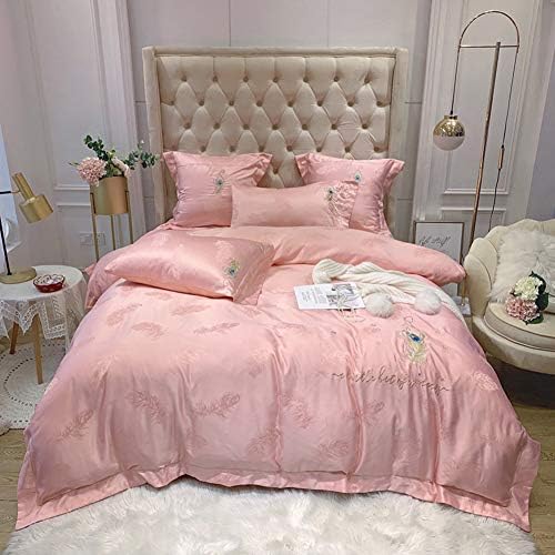 Admir Satin Bedding Set Queen Pink, Jacquard Embroidery Duvet Cover 4 Pieces Set Cotton Print Comforter Cover Zipper Hotel-pink
