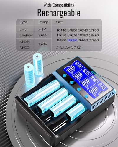 Keenstone 18650 Battery Charger, Universal Rechargeable Battery Charger for 26650 10440 14500 16340 26500 IMR Li-ION Ni-MH Ni-CD LiFePO4 AA AAA, Large Screen, Independent Case