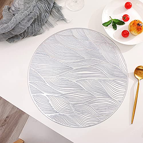 Hosoncovy 4 Pack Waves Decorative Placemats PVC Placemats Hollow Table Place Mats Heat Resistant Non-slip Dining Placemats Leaf Placemat Round Placemats for Home Kitchen (Silver)