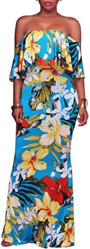 Dynen Women's Floral Print Off Shoulder Ruffle Party Long Maxi Dress